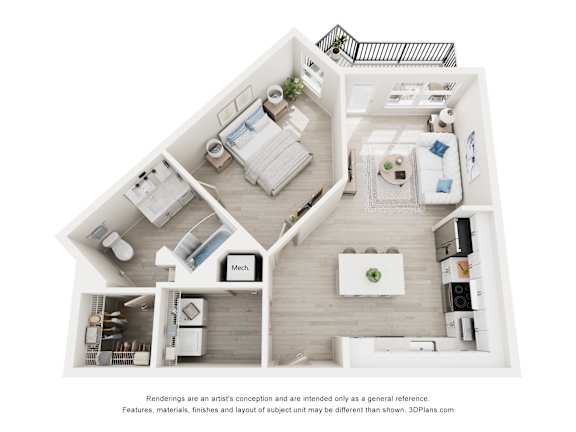 3-D Floor Plan of a one-bedroom,one-bathroom handicap accessible ADA apartment at Cavala Apartments in Orange Beach, AL