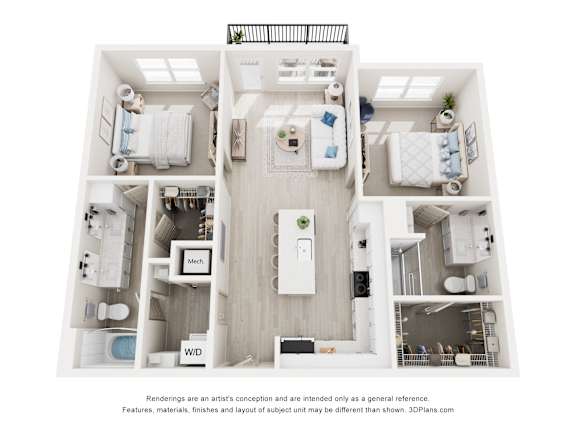 3-D Floor Plan of a two-bedroom, two-bathroom apartment at Cavala Apartments in Orange Beach, AL