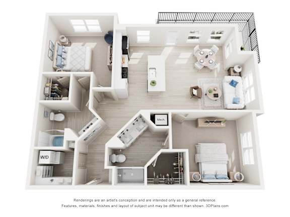 3-D Floor Plan of a second floor two-bedroom, two-bathroom apartment at Cavala Apartments in Orange Beach, AL