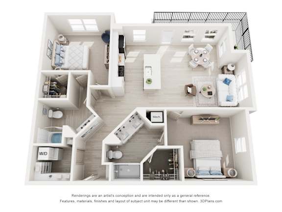3-D Floor Plan of a two-bedroom, two-bathroom apartment at Cavala Apartments in Orange Beach, AL