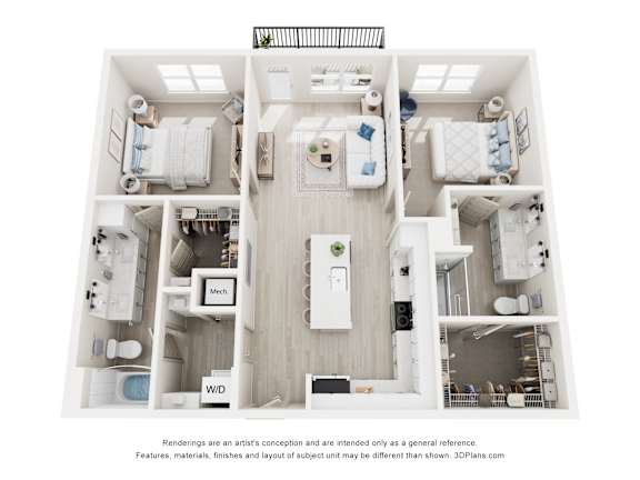 3-D Floor Plan of a two-bedroom, two-bathroom apartment at Cavala Apartments in Orange Beach, AL