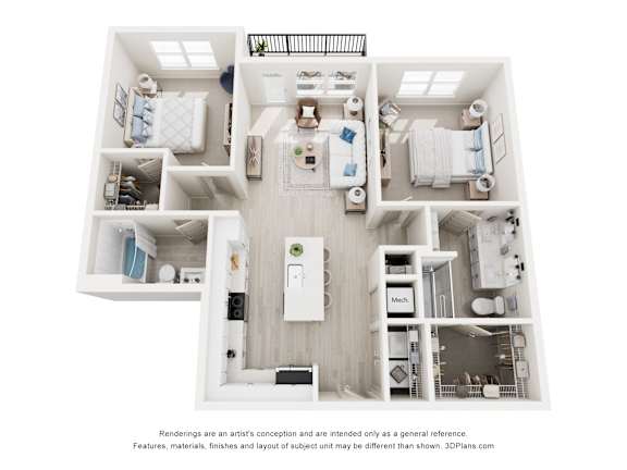 3-D Floor Plan of a two-bedroom, two-bathroom apartment at Cavala Apartments in Orange Beach, AL
