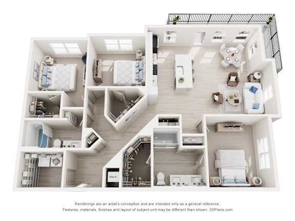 3-D Floor Plan of a three-bedroom, two-bathroom apartment at Cavala Apartments in Orange Beach, AL