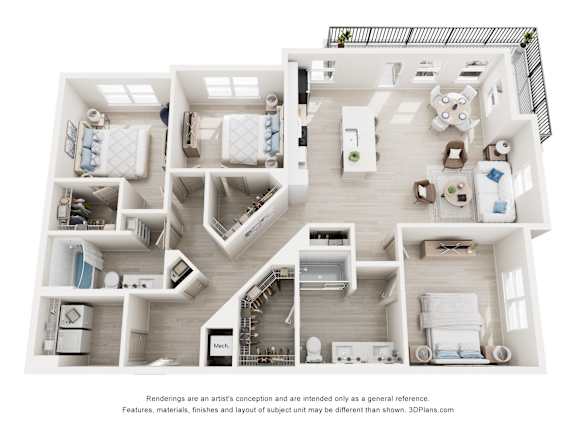 3-D Floor Plan of a three-bedroom, two-bathroom, handicap accessible ADA apartment at Cavala Apartments in Orange Beach, AL