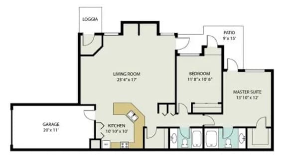 A floor plan of a house with a living room, kitchen, garage, and master suite.