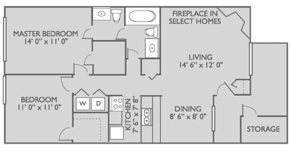 A floor plan of a home layout with a master bedroom, living room, dining room, kitchen, and storage.