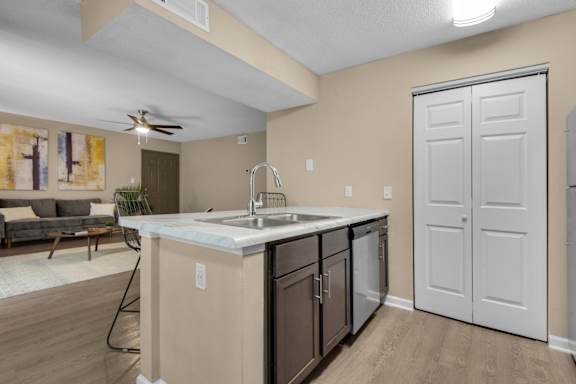 A stainless-steel kitchen sink surrounded by granite countertop, dishwasher, and white wood pantry at Crystal Lake in Pensacola, Florida.