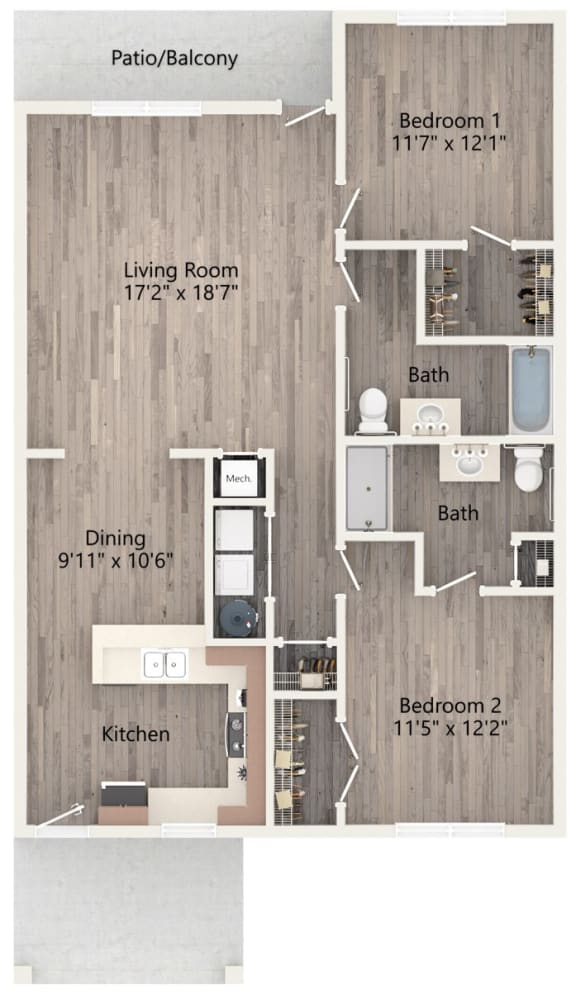 2D - 2 bedroom Floor Plan - The Oakley at Deerfield Apartments