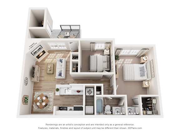 A 3D floor plan of a house with a kitchen, living room, and bathroom.