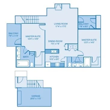 A blueprint shows the layout of a house with a living room, two master suites, a dining room, kitchen, bathrooms, and a garage.