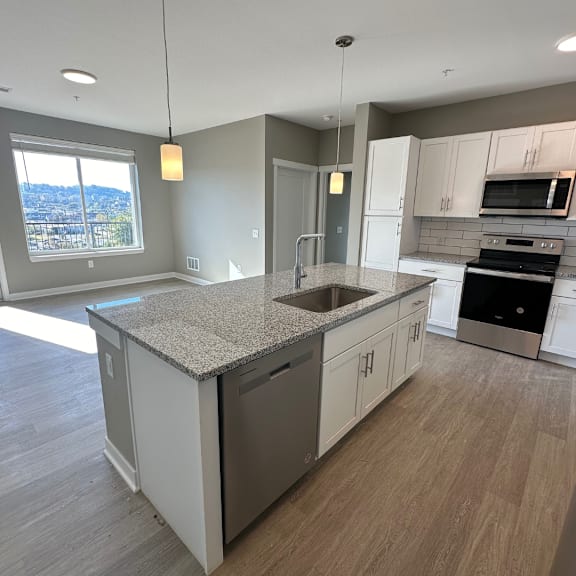 A kitchen with a granite countertop and stainless steel appliances.