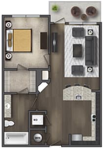 A floor plan of a small apartment with a kitchen, living room, and bathroom.