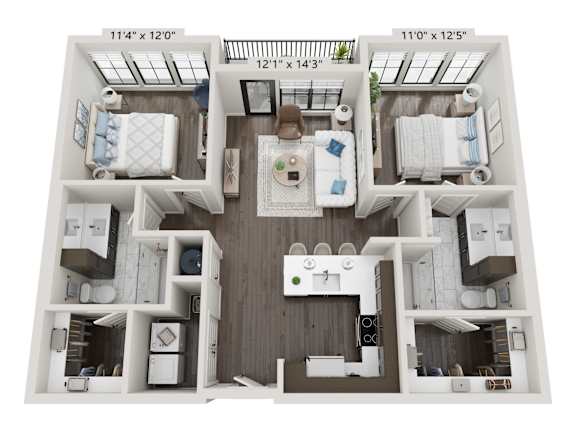A 3D floor plan of a small apartment with a living room, kitchen, and two bedrooms.
