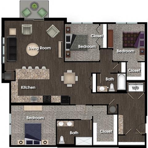 Floor Plan Rendering of a Three Bedroom Two Bathroom apartment at The Pomenade at Founders Square Apartments in Portage, IN