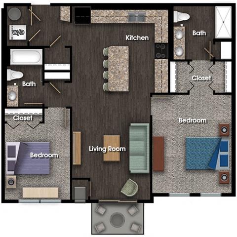 Floor Plan Rendering of a Two Bedroom Two Bathroom apartment at The Promenade at Founders Square Apartments in Portage, IN