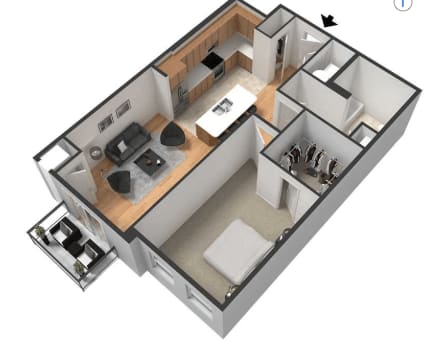 3-D rendering of a one-bedroom apartment at The Promenade at Founders Square in Portage, IN
