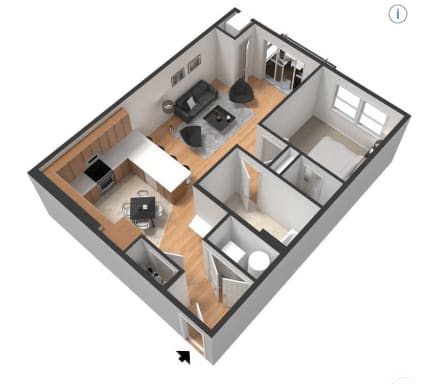 3D floor plan rendering of a one-bedroom apartment at The Promenade at Founders Square in Portage, IN