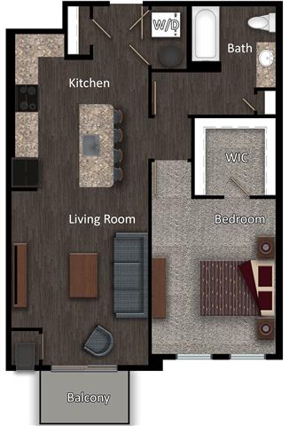 rendering of a one-bedroom apartment at The Promenade at Founders Square in Portage, IN