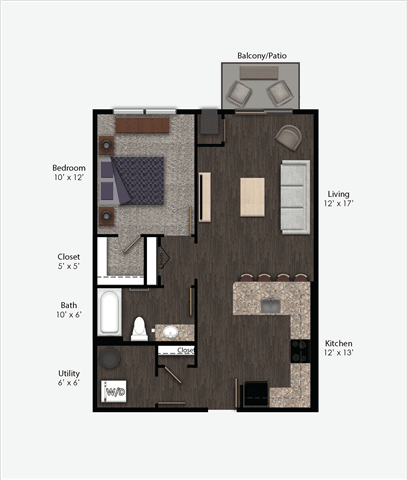 floor plan rendering of a one-bedroom apartment at The Promenade at Founders Square in Portage, IN