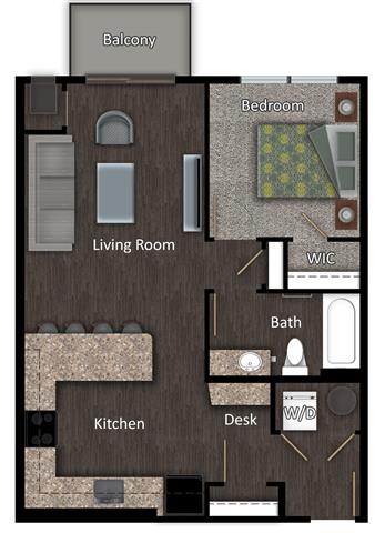 floor plan rendering of a one-bedroom apartment at The Promenade at Founders Square in Portage, IN