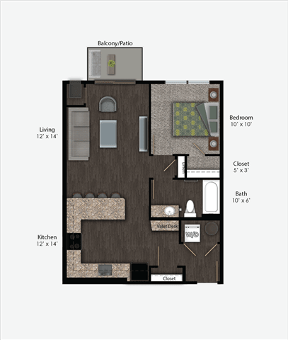 Floor Plan  floor plan rendering of a one-bedroom apartment at The Promenade at Founders Square in Portage, IN