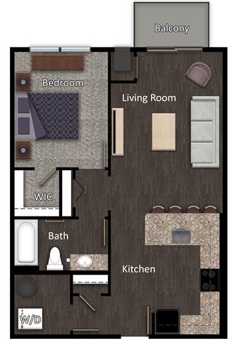 floor plan rendering of a one-bedroom apartment at The Promenade at Founders Square in Portage, IN