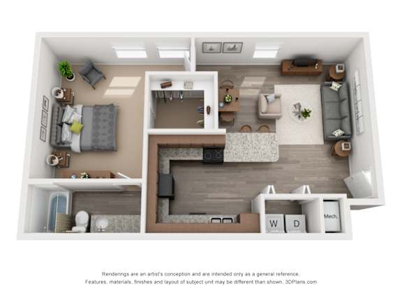 A 3D floor plan of a small apartment with a kitchen, living room, and bedroom.