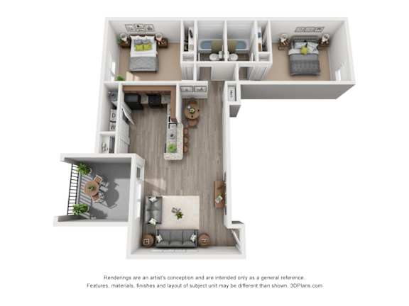 A 3D floor plan of a house with a living room, kitchen, and two bedrooms.