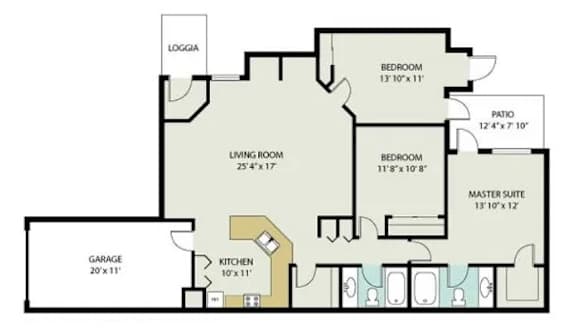 A floor plan of a house with a living room, two bedrooms, a garage, a kitchen, a patio, and a loggia.