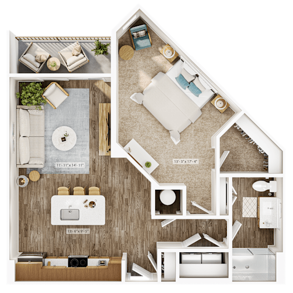 A detailed 3D floor plan of a house showing all rooms and their furnishings.