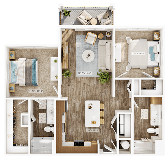 A detailed 3D floor plan of a small apartment layout.