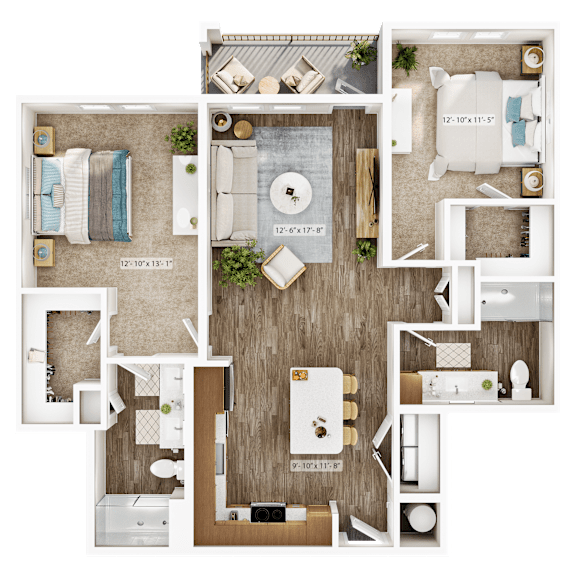 A top-down view of a house layout with a living room, kitchen, and bathrooms.