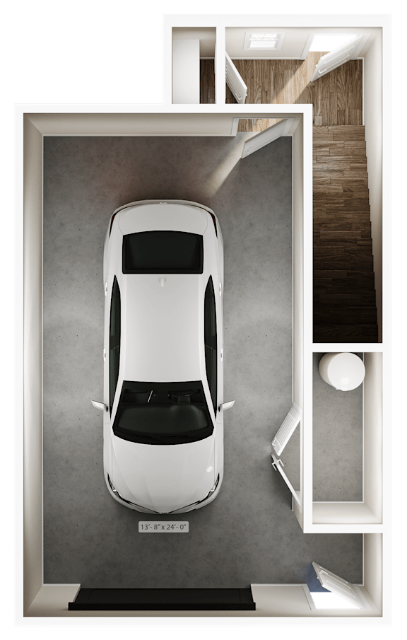 A white car is displayed in a showroom with a grey floor.