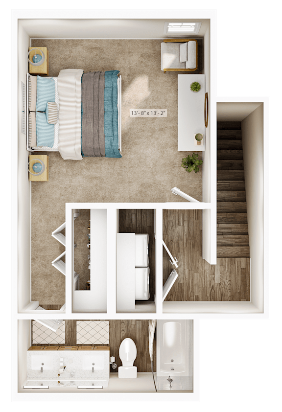 A floor plan of a small apartment with a bedroom, bathroom, and kitchen.