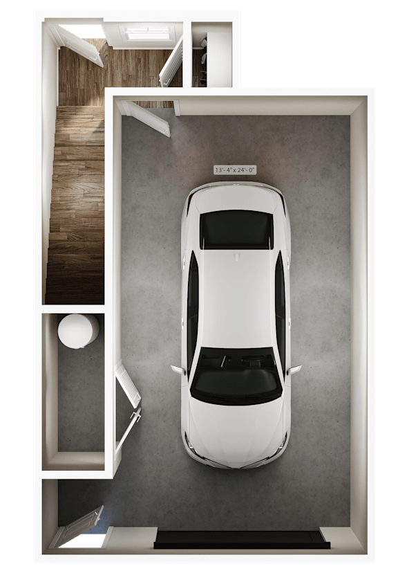 A white car is parked in a garage.