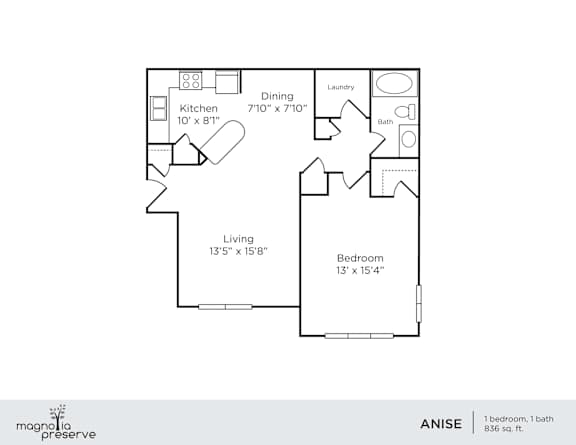 A floor plan of a one bedroom apartment with a living area, kitchen, bathroom and laundry room.
