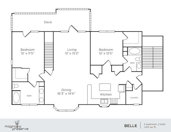 A floor plan of a two bedroom, two bath apartment with a deck.