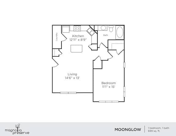 A floor plan of a one bedroom apartment with a living area, kitchen, and bathroom.