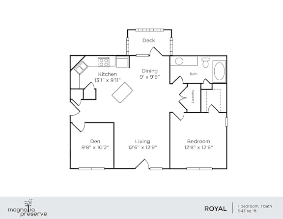 A floor plan of a one bedroom apartment with a den and a living room.