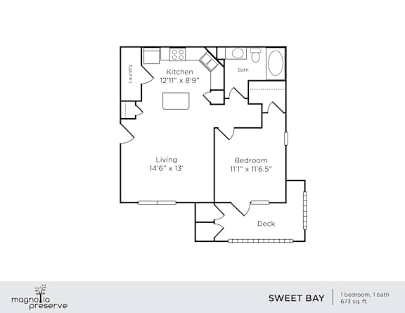 A floor plan of a one bedroom apartment with a bathroom, kitchen, living room and a deck.