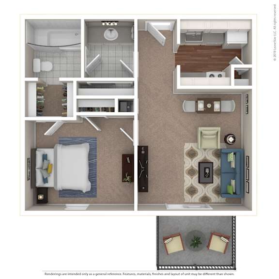 A floor plan of a small apartment with a bedroom, living room, and kitchen.