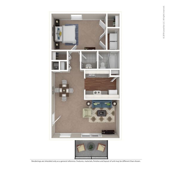 A floor plan of a small apartment with a kitchen, living room, and bathroom.