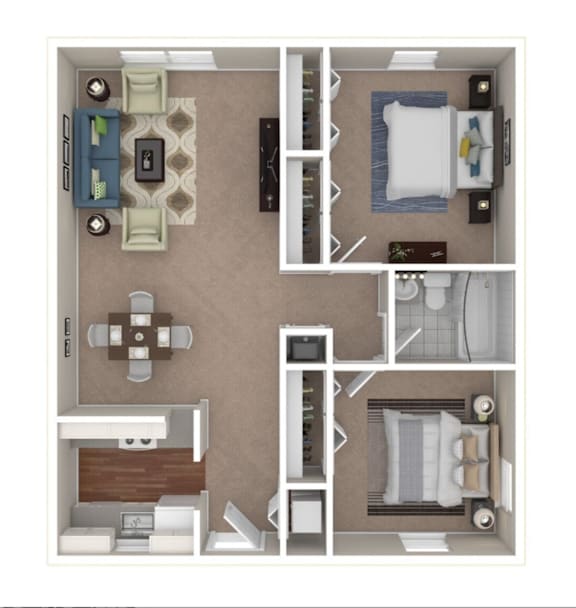 A top-down view of a small apartment layout with a kitchen, living room, and bedroom.