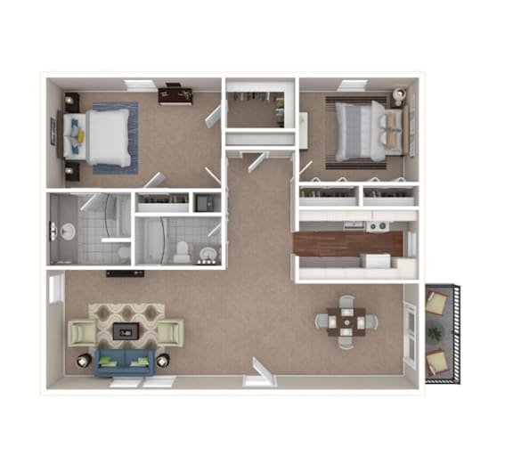 A floor plan of a small apartment with a kitchen, living room, and two bedrooms.