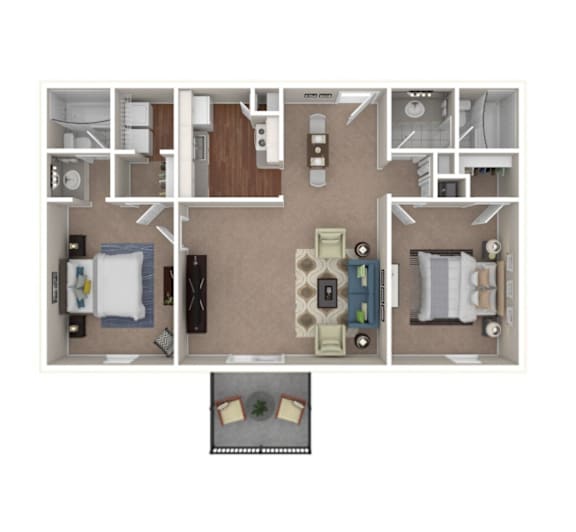 A floor plan of a small apartment with a kitchen, living room, and two bedrooms.