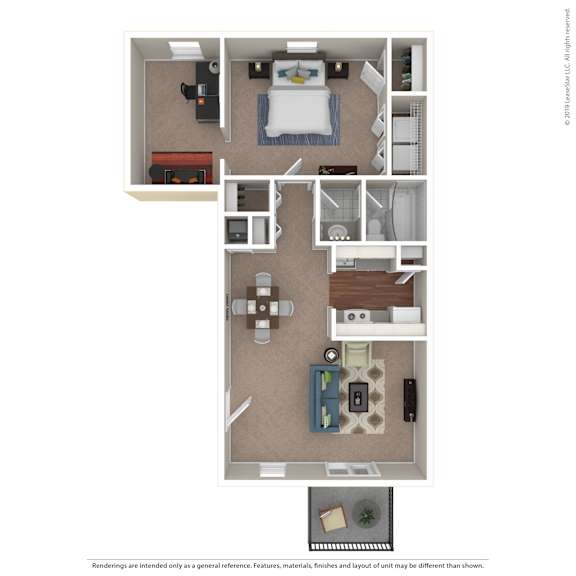 A floor plan of a small apartment with a bedroom, living room, kitchen, and bathroom.