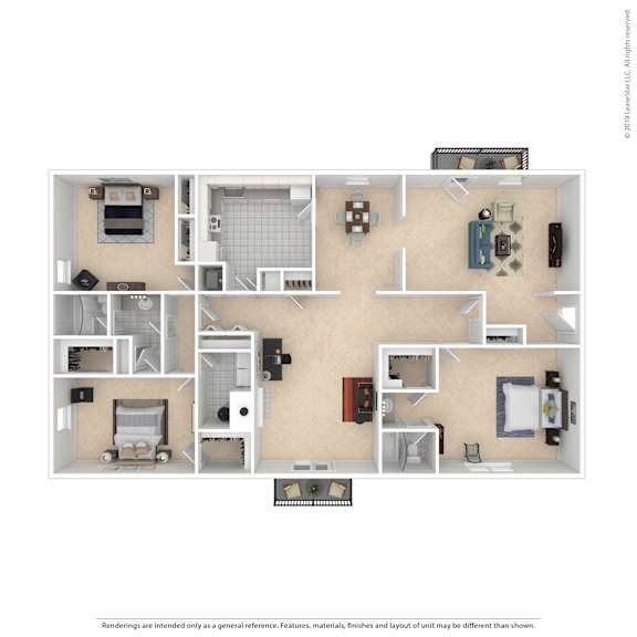 A floor plan of a house with a kitchen, living room, and two bedrooms.