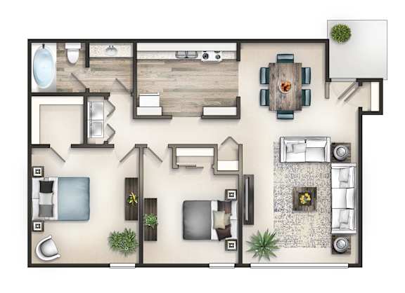 3D floor plan of a two-bedroom apartment with one bathroom at Malibu at Martin Apartments in Huntsville, AL
