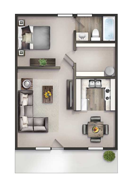 3D floor plan of a one-bedroom apartment with one bathroom at Malibu at Martin Apartments in Huntsville, AL
