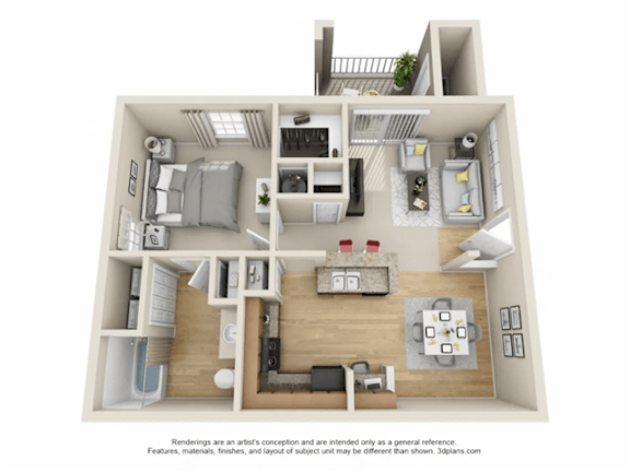A 3D floor plan of a house with a kitchen, living room, and bedrooms.